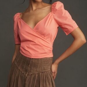 By Anthropologie Women's Puff-Sleeve Wrap Top in Pink Rose, Size MEDIUM